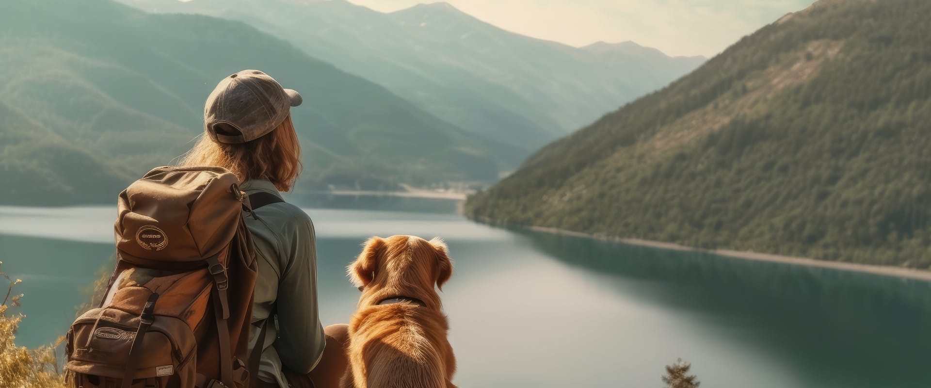 solo female traveler and dog looking at a mountain lake view