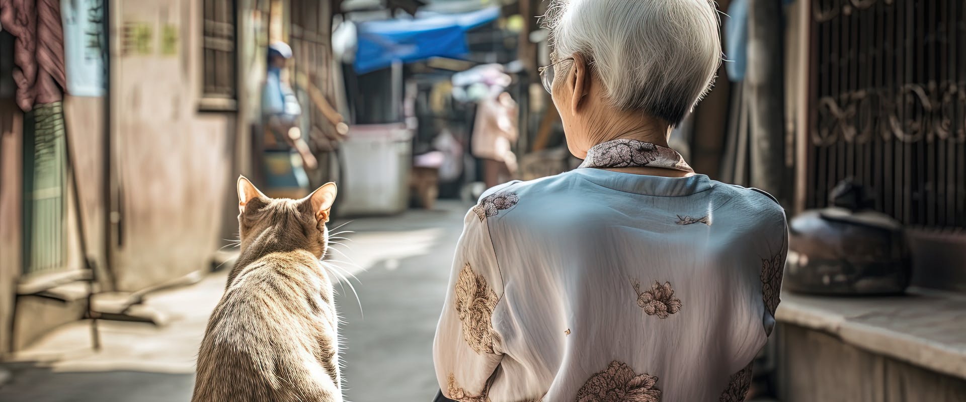 tabby cat sat with an elderly japanese woman