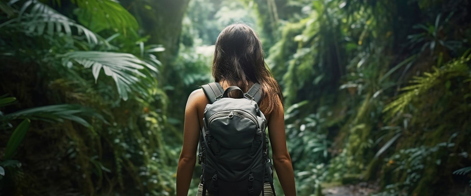 A solo female traveler walking through the jungle.