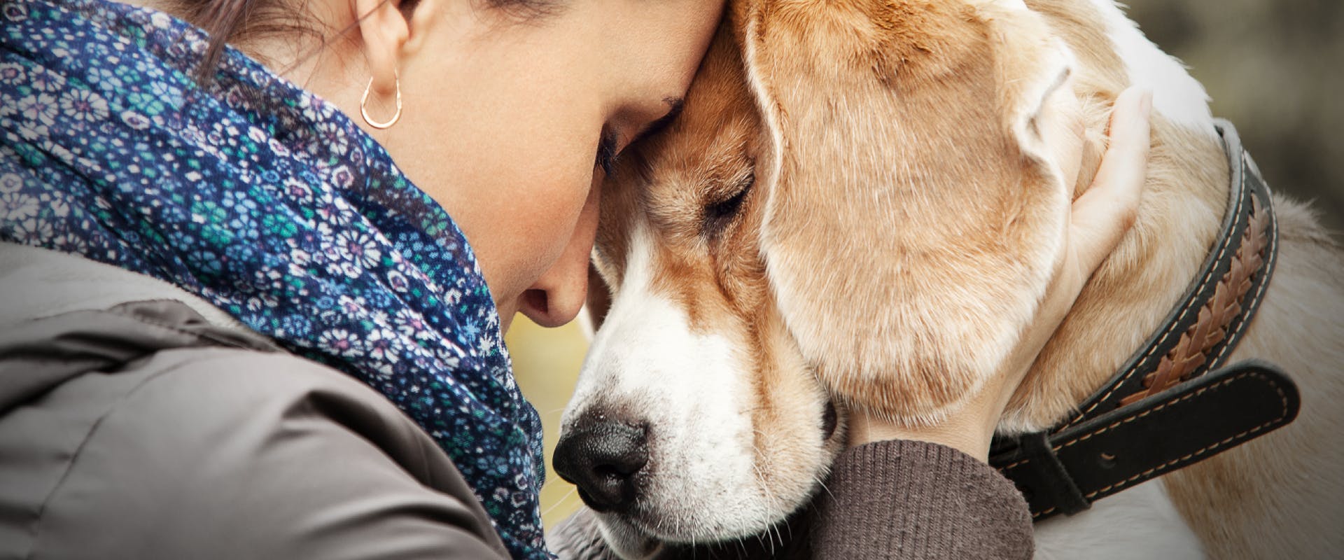 A woman presses her head against her dog's. 