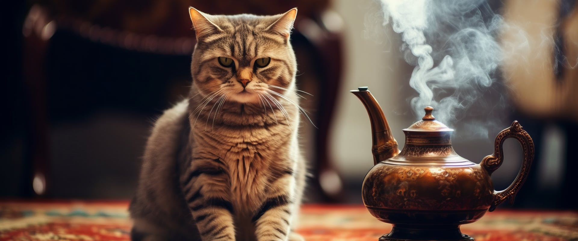 tabby cat sat next to a steaming kettle on a rug