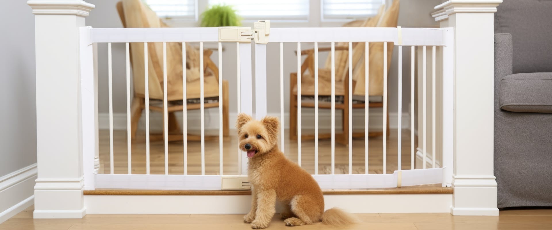 A dog sitting next to a pet gate.