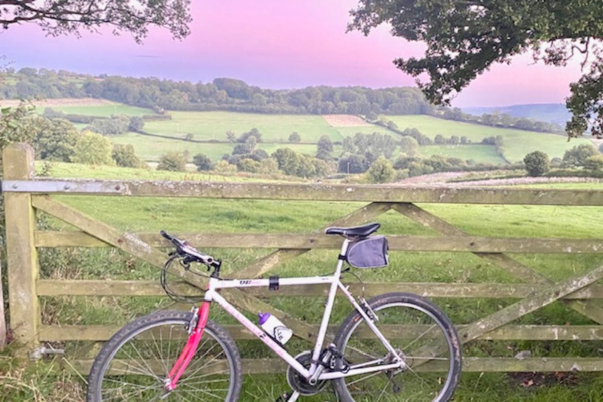 A bicycle propped up by a gate. A field and sunset is in the background