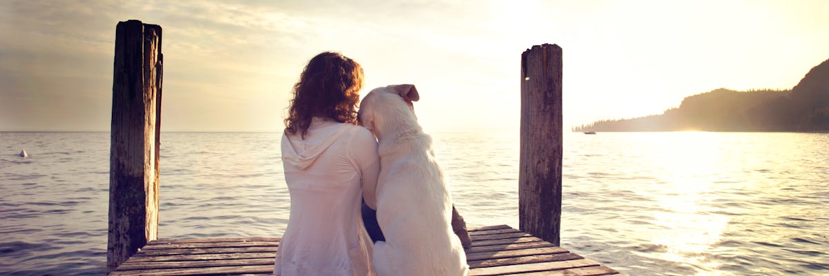 A woman and a dog sitting on a dock overlooking the ocean