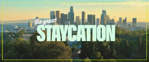 City skyline with the caption "The great staycation"