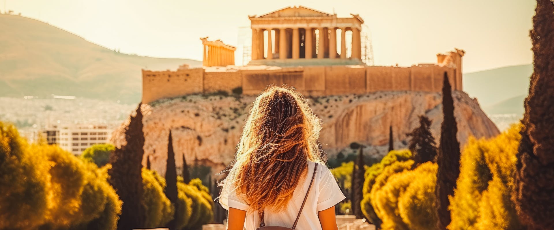 solo female traveler in Athens looking at the Acropolis