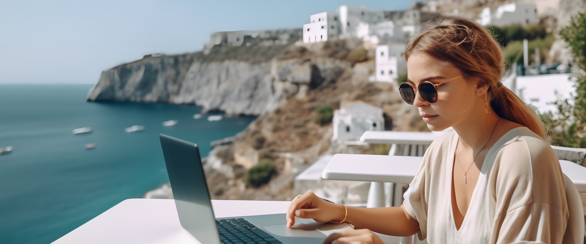 solo female traveler working on a laptop overlooking a cliff view from a Greek island