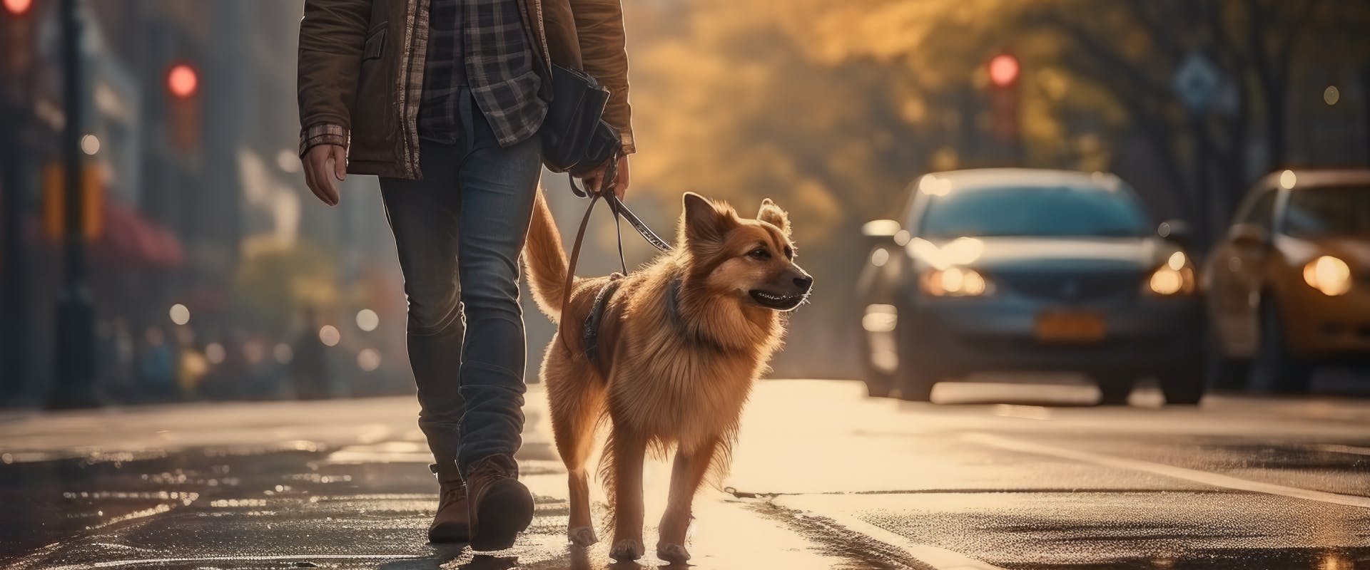 german shepherd walking along a dog friendly street