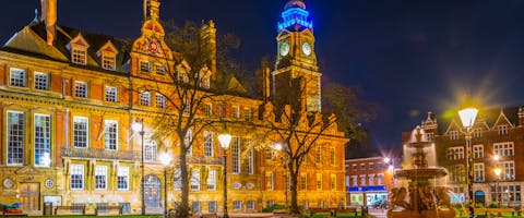 Leicester town hall lit up at night