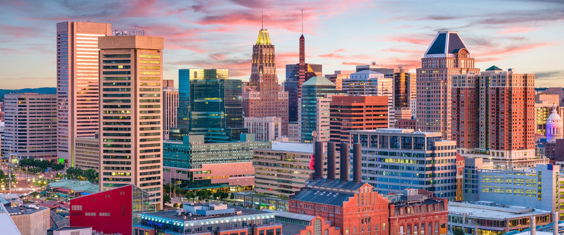 Baltimore skyline at sunset