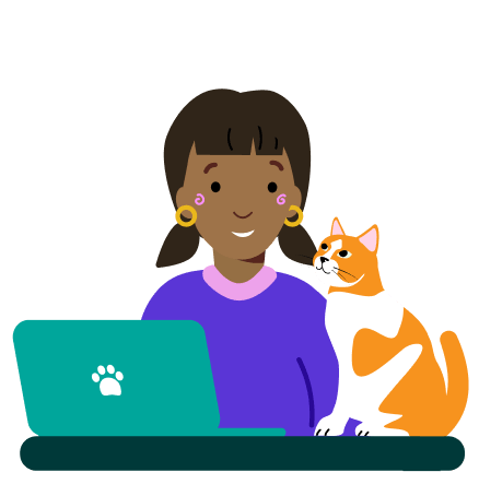 An illustration of a woman and a cat sitting behind a laptop screen