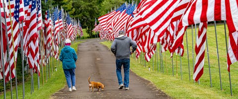 a couple walking a dog through a Dallas park lined with American flags