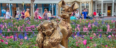 a statue of two dogs from Lady and the Tramp in Disneyland, Orlando