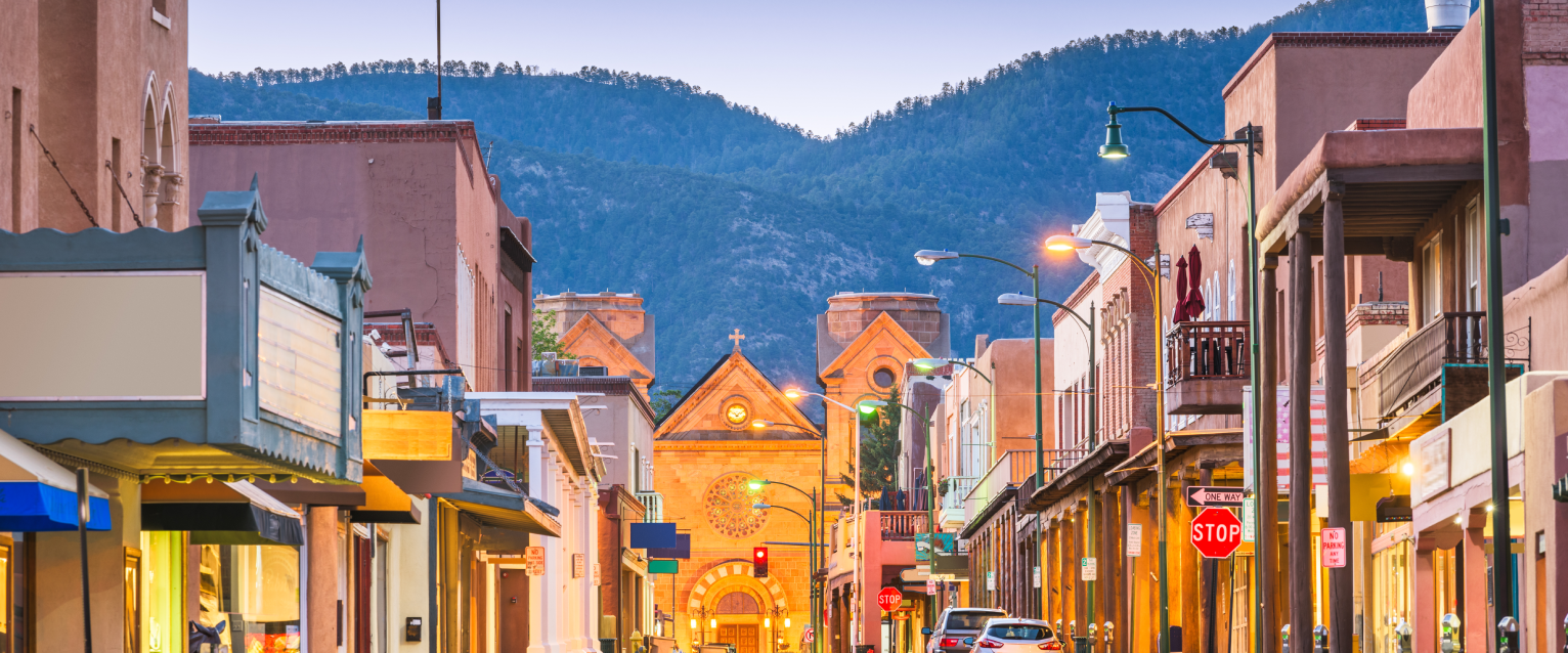 a evening street shot of downtown Santa Fe