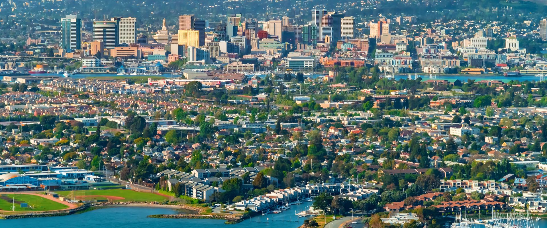 Aerial view of Oakland, CA from the bay