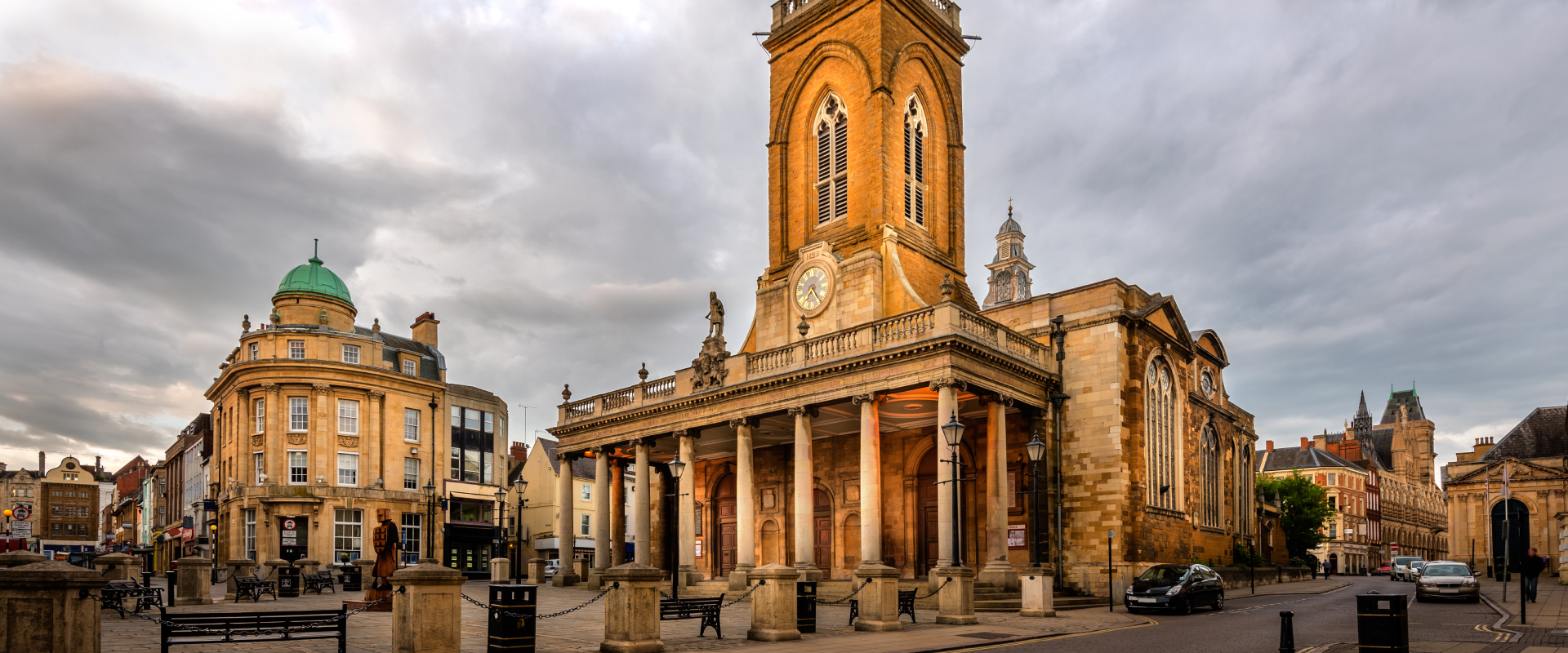 an outside of the sandy stones buildings in Northampton city center
