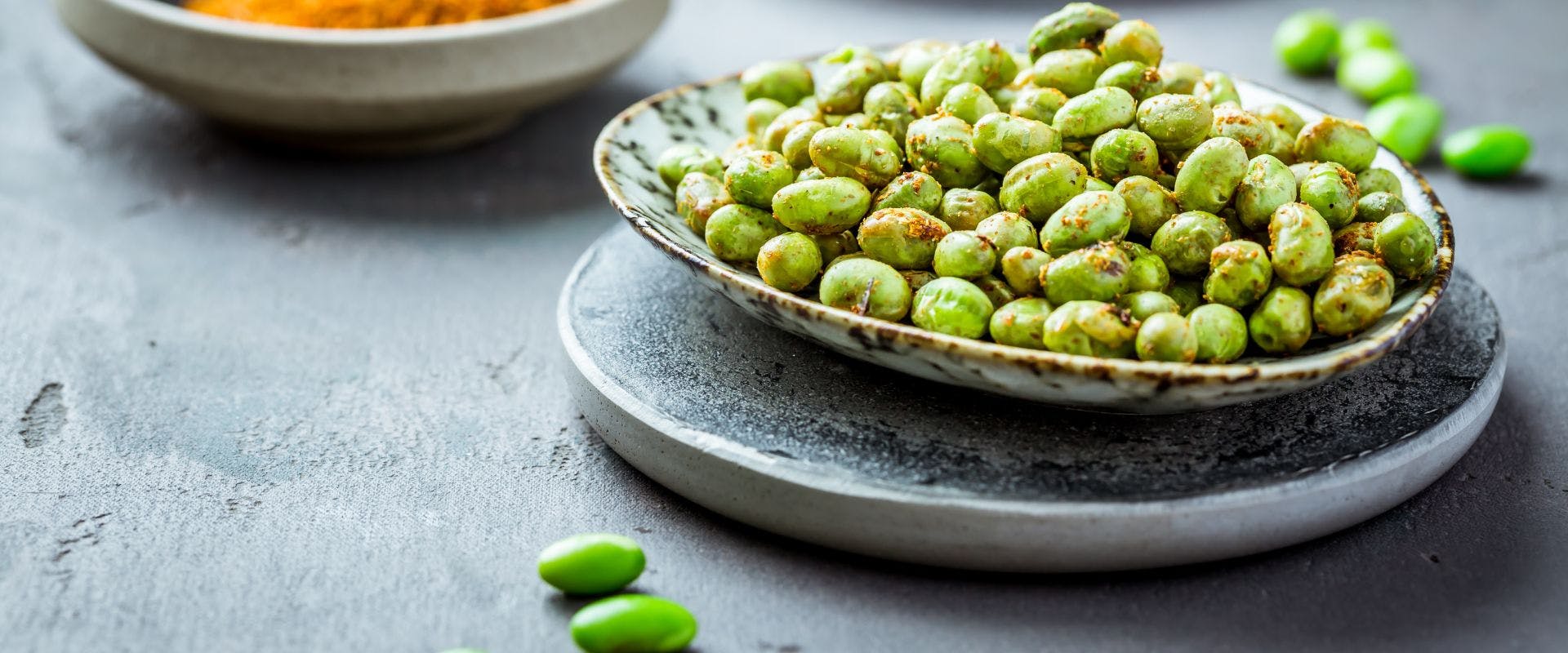 Roasted edamame beans in a bowl