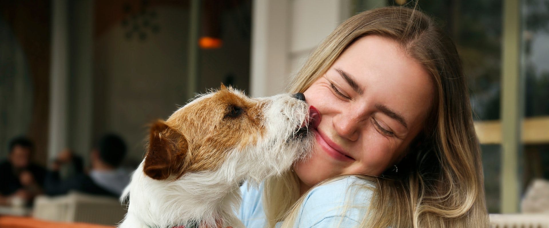 A solo female traveler getting kisses from a dog she is pet sitting in Berlin.