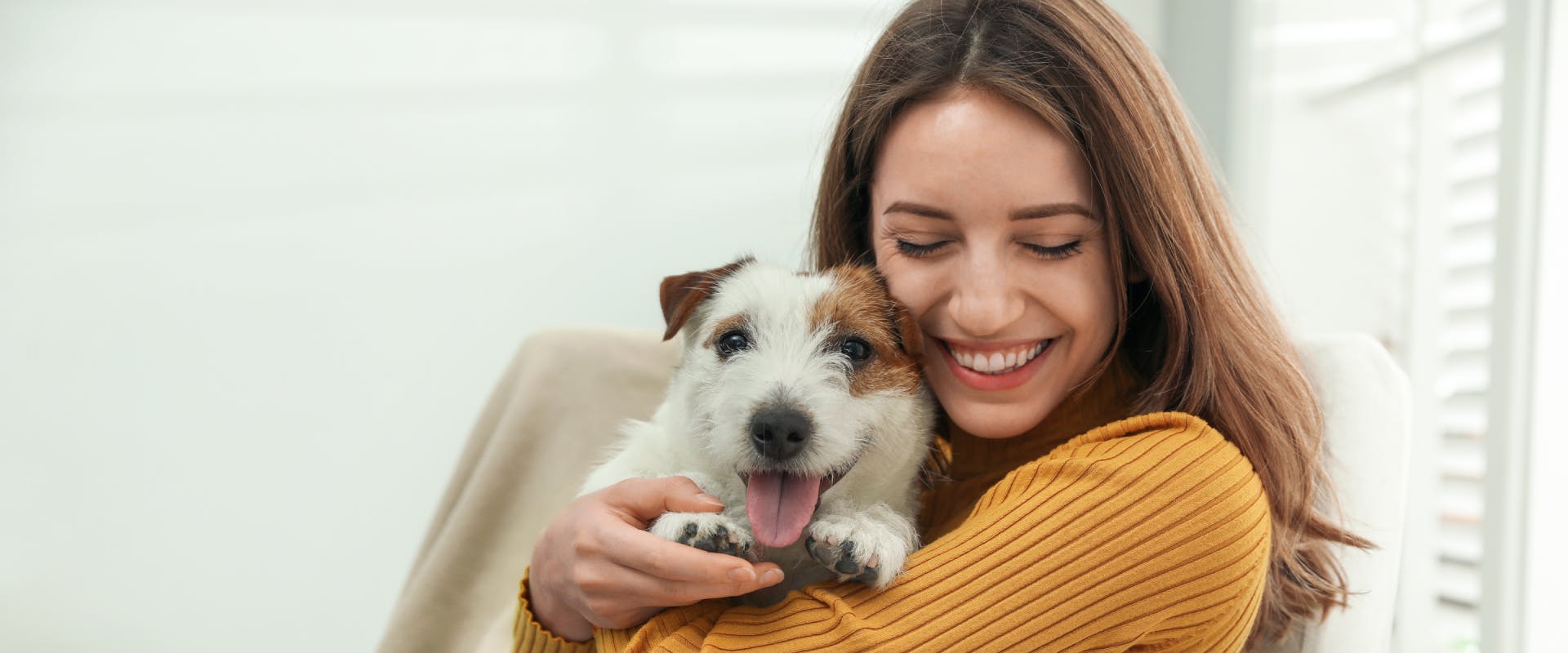 a smiling woman in a yellow jumper cuddling a small terrier dog