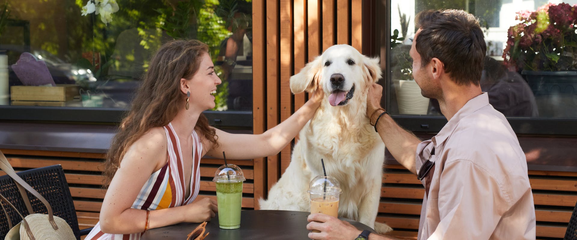 A couple sit at a cafe with a dog.