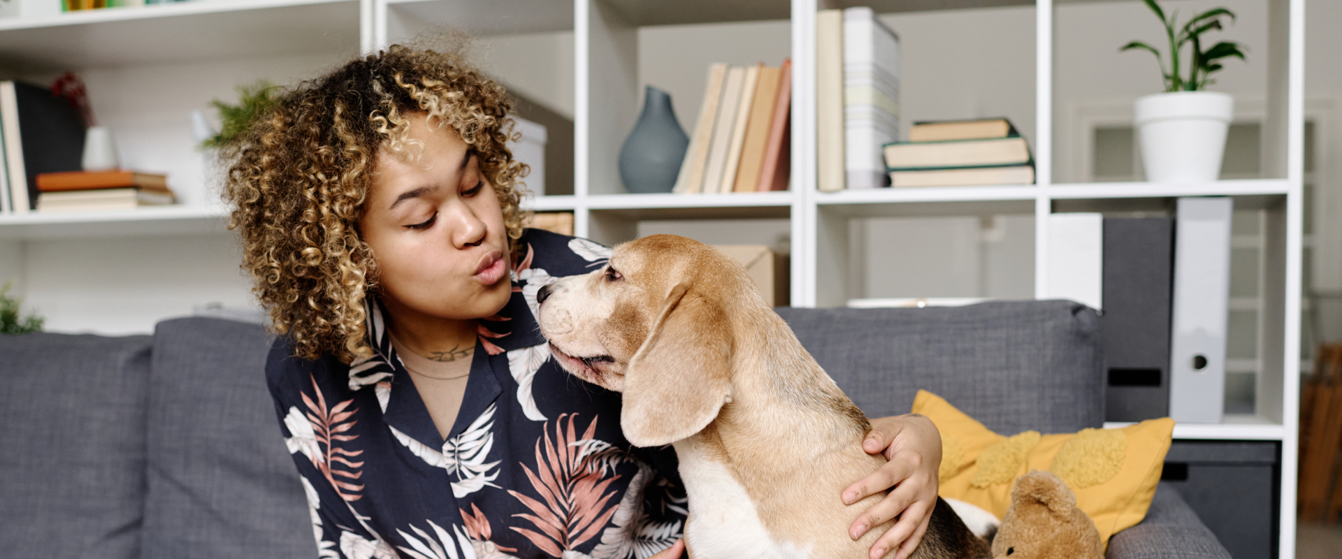 a woman and elderly dog sitting on a gray couch with the woman pursing her lips about to kiss the dog's nose