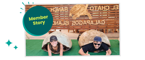 Lev and Mia inside turtle shells.