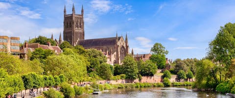 Dog-friendly Worcester Cathedral and the River Severn on a bright sunny summer day