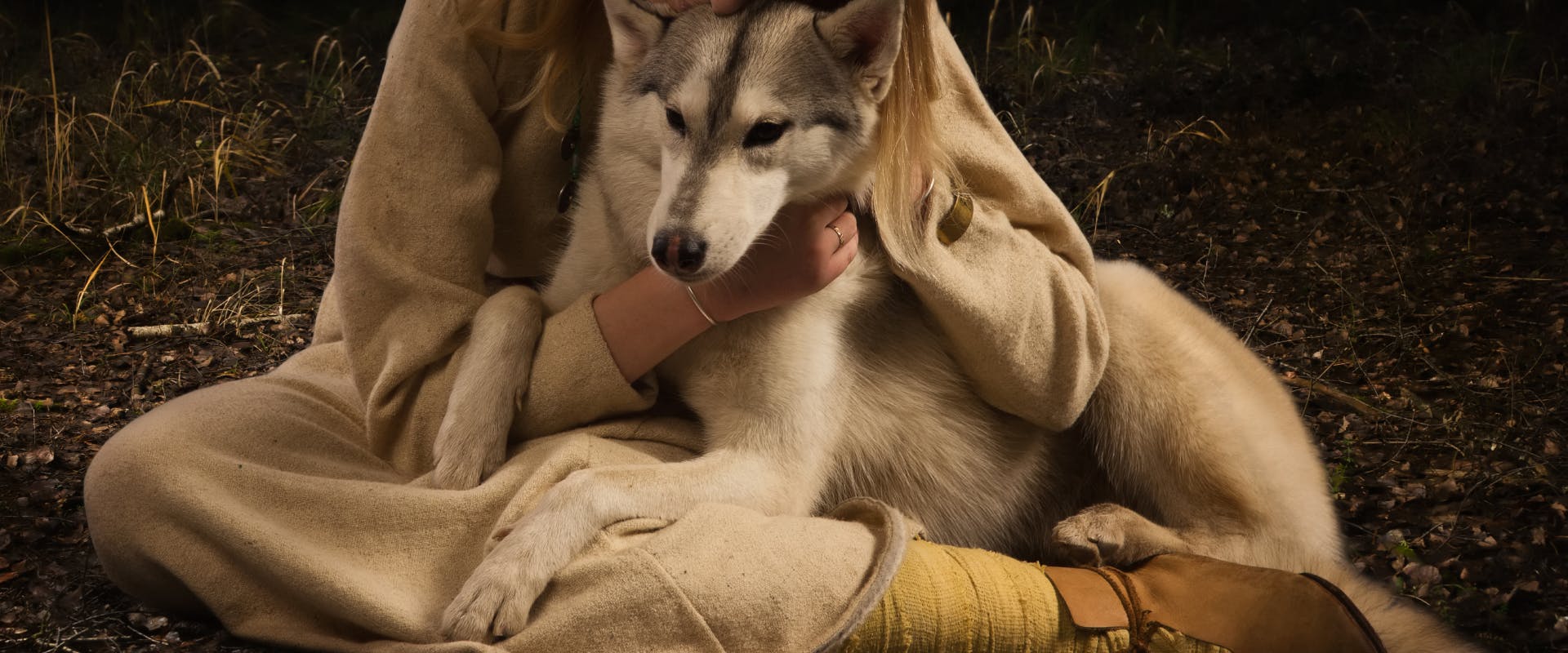 husky being cuddled by someone dressed as a viking