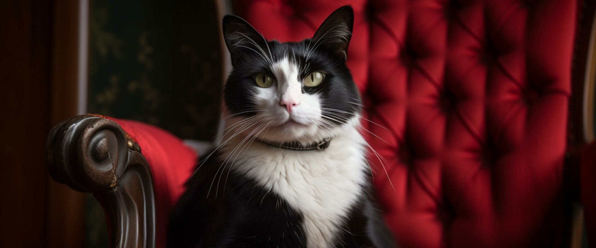 Tuxedo cat sat on a red velvet armchair.