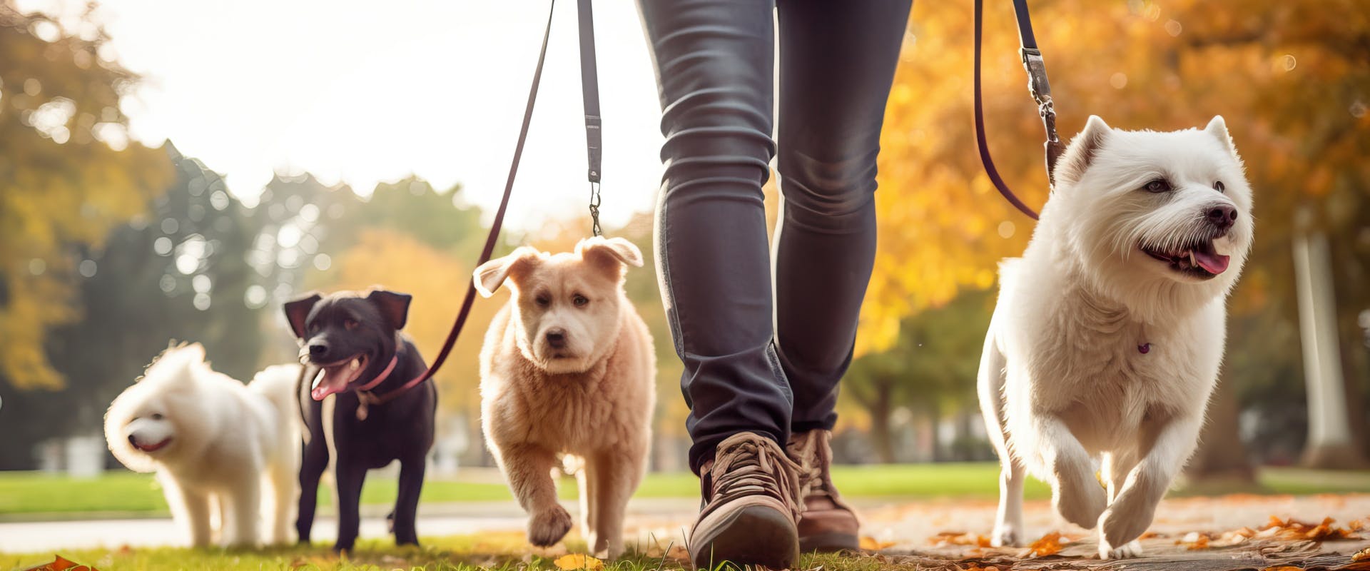 a group of four four legged friends on a going along one of many walking trails through a dog friendly city