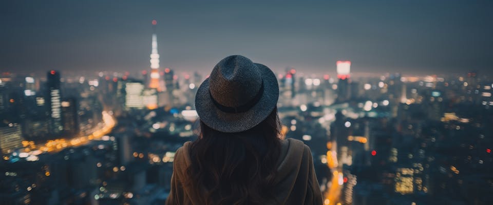 woman wearing a hat looking at the Tokyo skyline