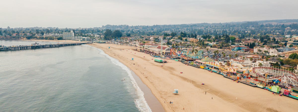 Aerial view of the Santa Cruz beach and the amusement park in California, USA