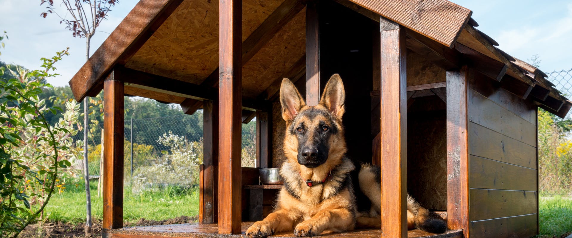 a german shepherd lying down in a luxury dog house outside