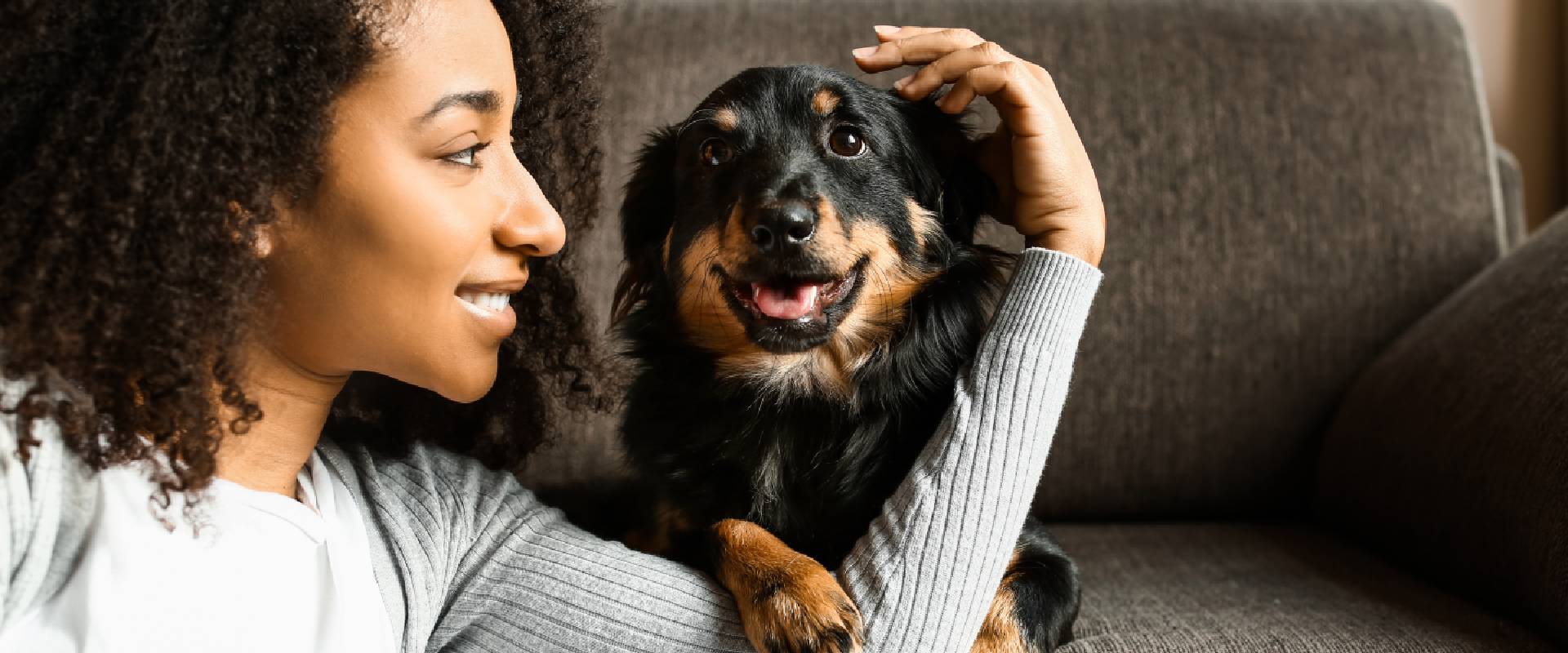 Woman with cute dog at home