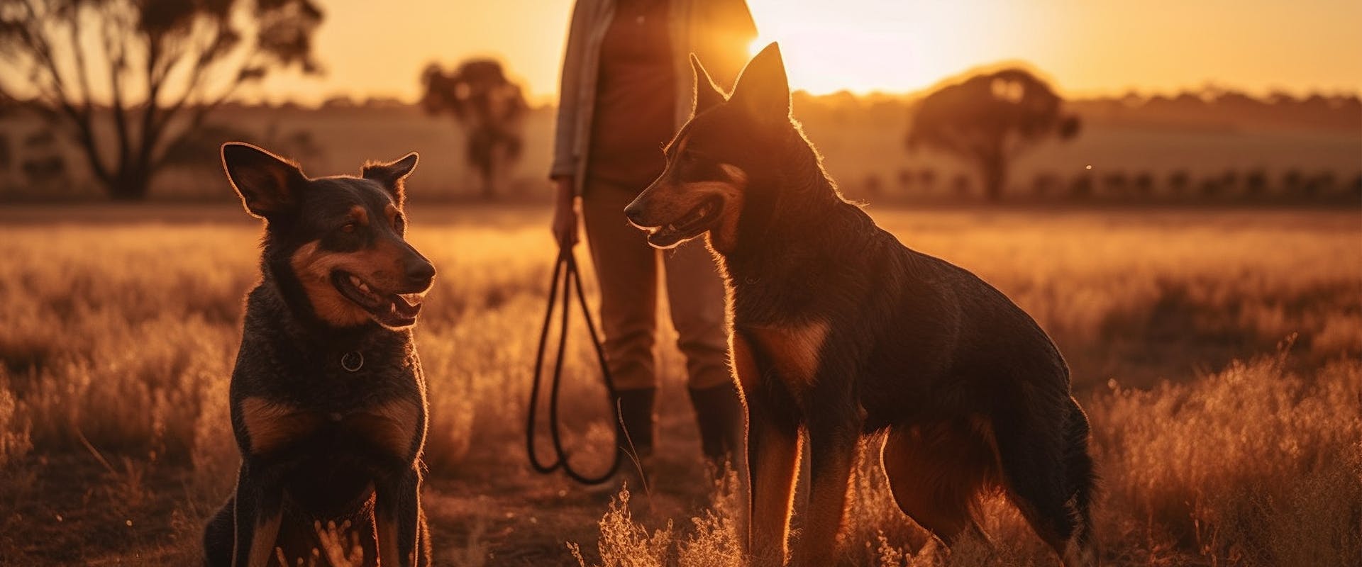Two dogs and their own on a ranch at sunset