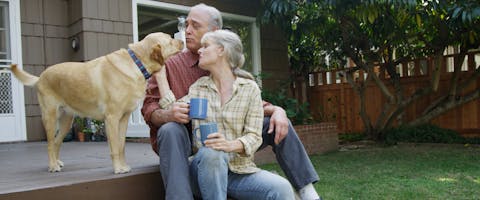 an older couple travel house sitting for a Labrador whilst enjoying a mug of coffee outside on a deck