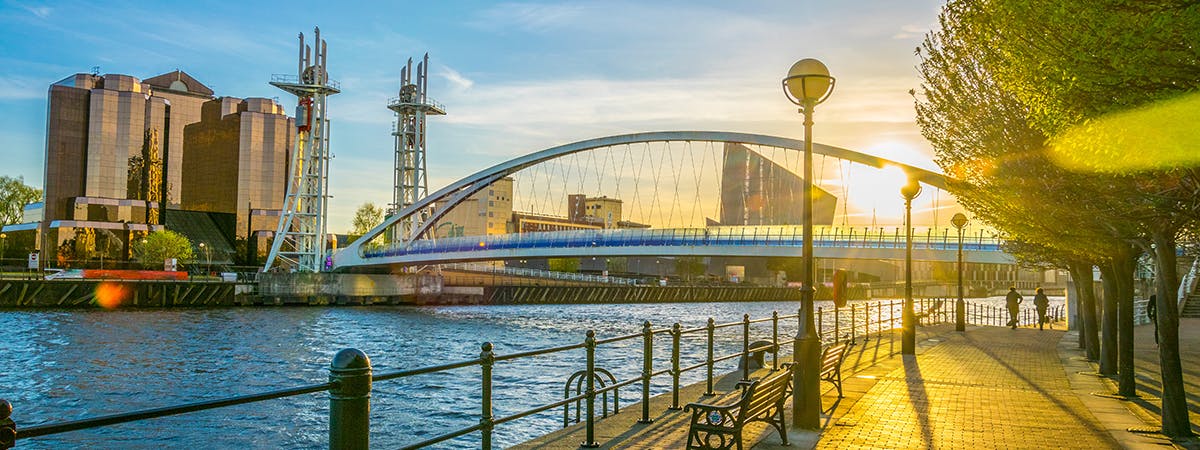 View of a footbridge in Salford quays in Manchester, England