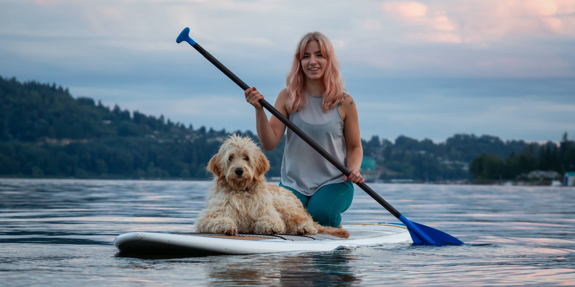 Dog and owner on a paddle-board on a lake.