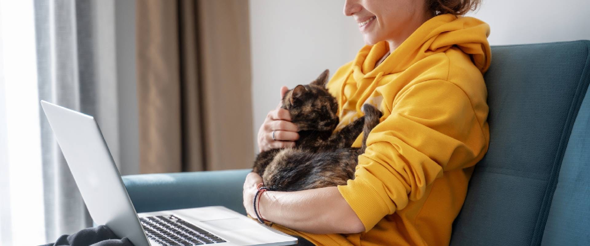 Person cuddling a cat with a laptop
