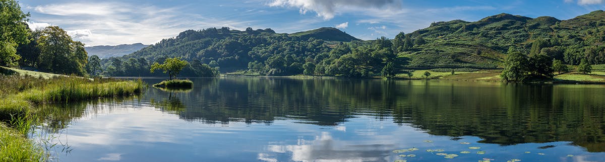 Wide panorama at Rydal Water in the Lake District on a calm summer morning