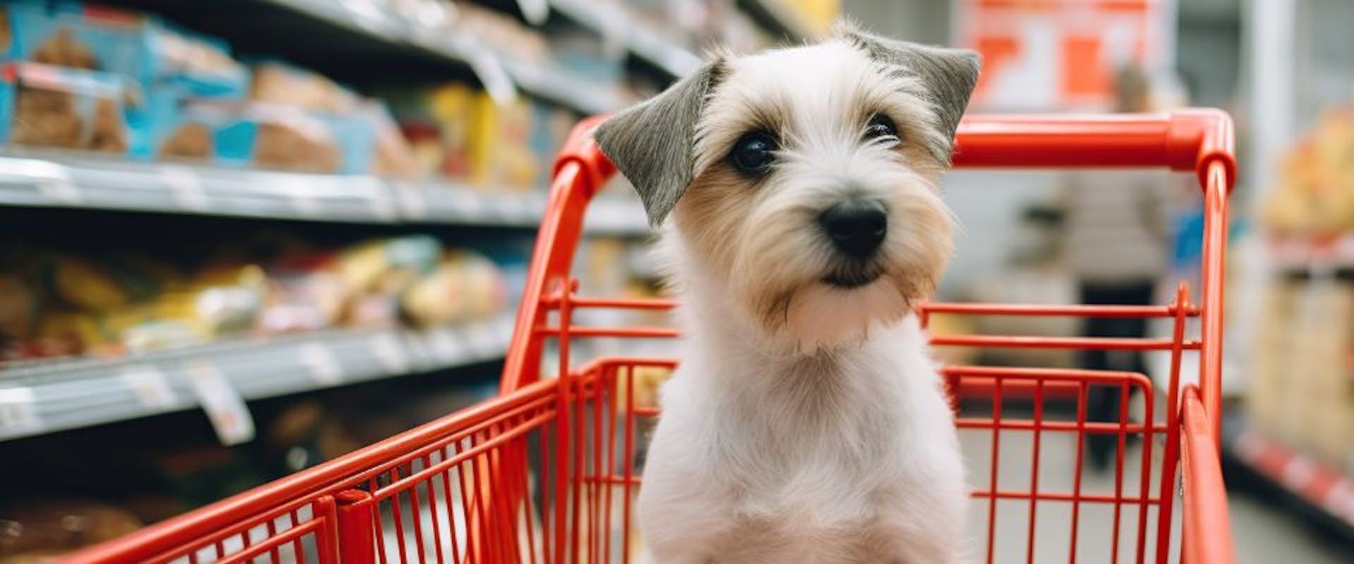 Dog sat in shopping trolley
