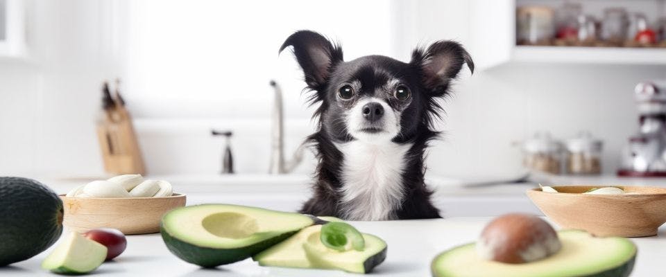 Small black and white dog looking at avocados on kitchen side