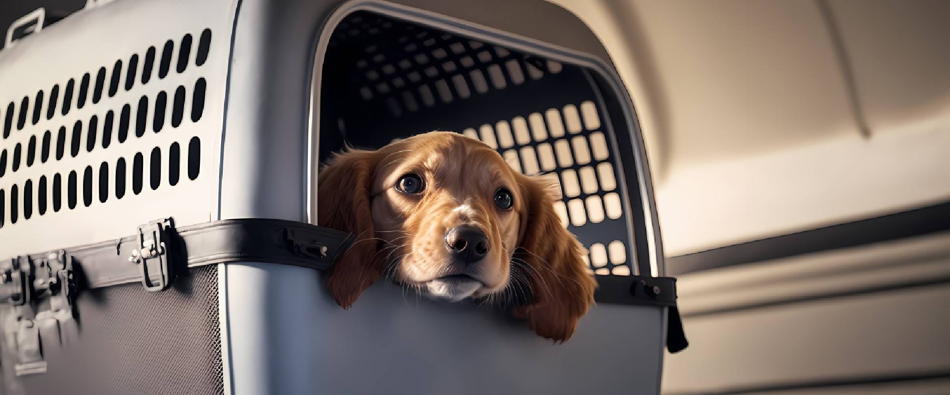 dog in carrier cage for transportation 