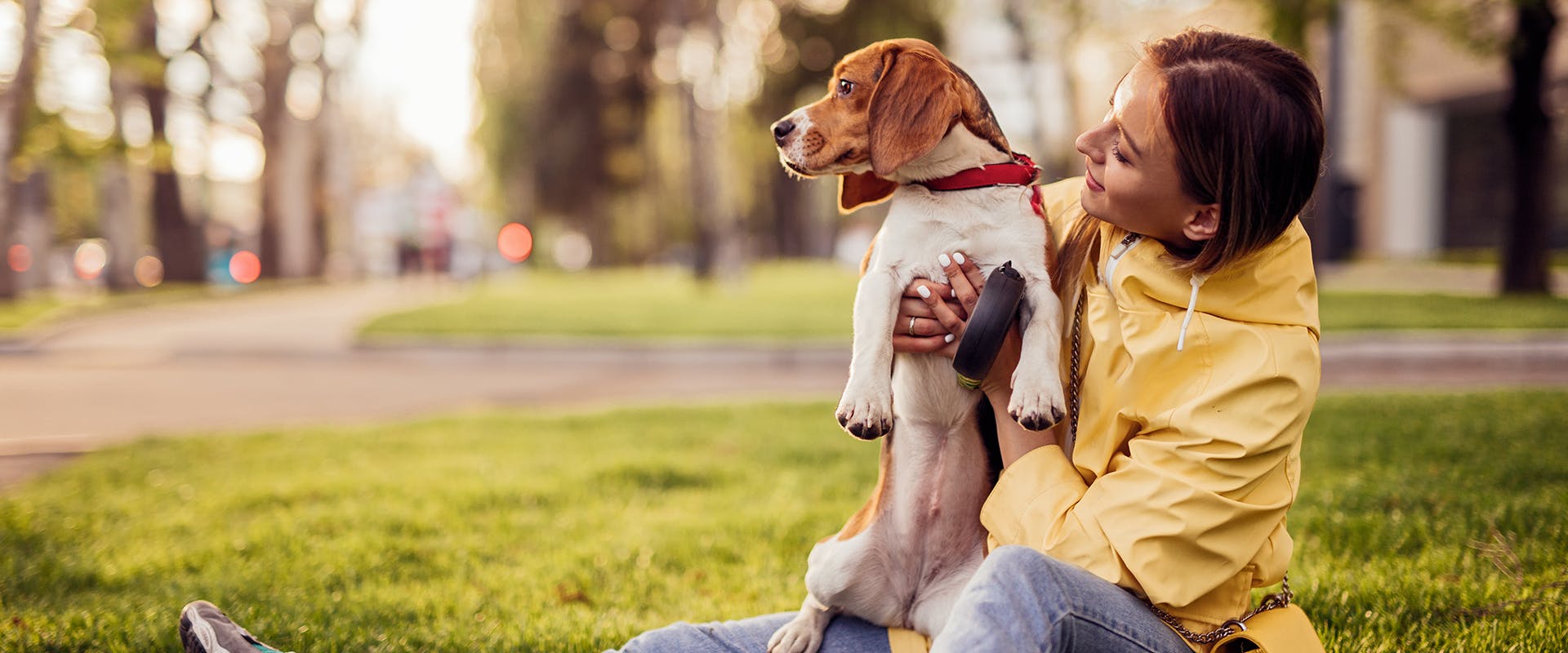 A woman sitting in a park, holding a Beagle dog in her arms