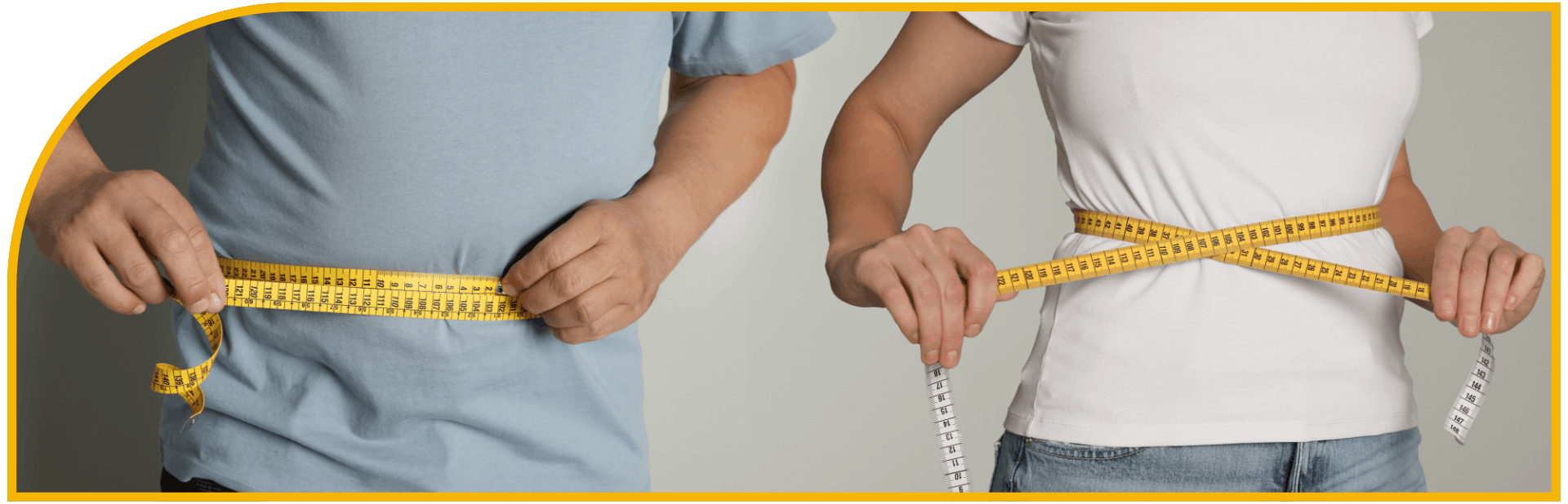 Man and woman using tape measure to see weight loss. 