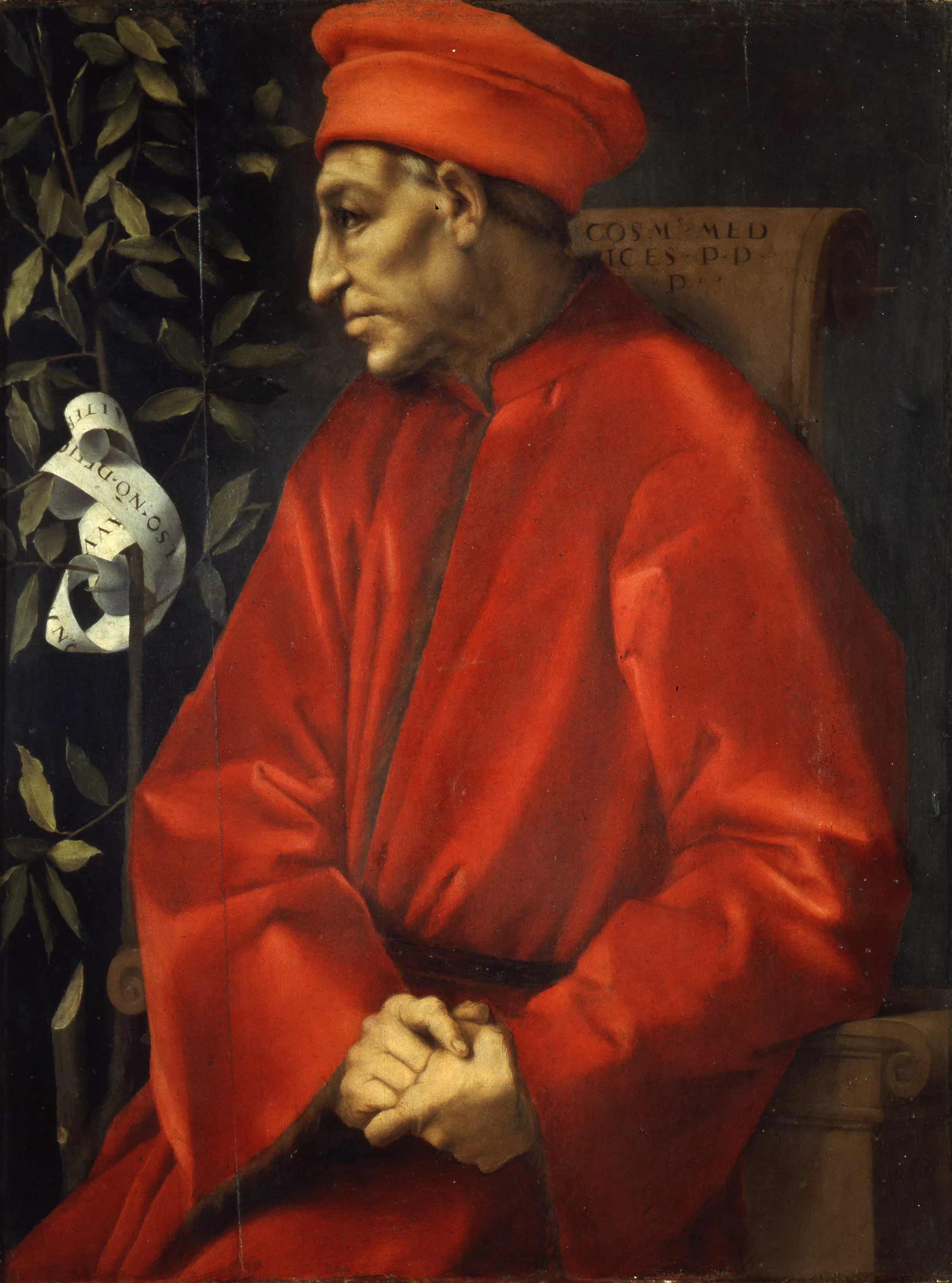 Pontormo's posthumous portrait of Cosimo de' Medici, with the laurel branch that served as a Medici emblem, evokes the dynastic authority behind one of Loccenius's few named political exempla. By grounding the indivisibility of land and sea power in a Medici maxim, Loccenius aligns northern maritime ambition with a broader European vocabulary of princely statecraft and commercial command.