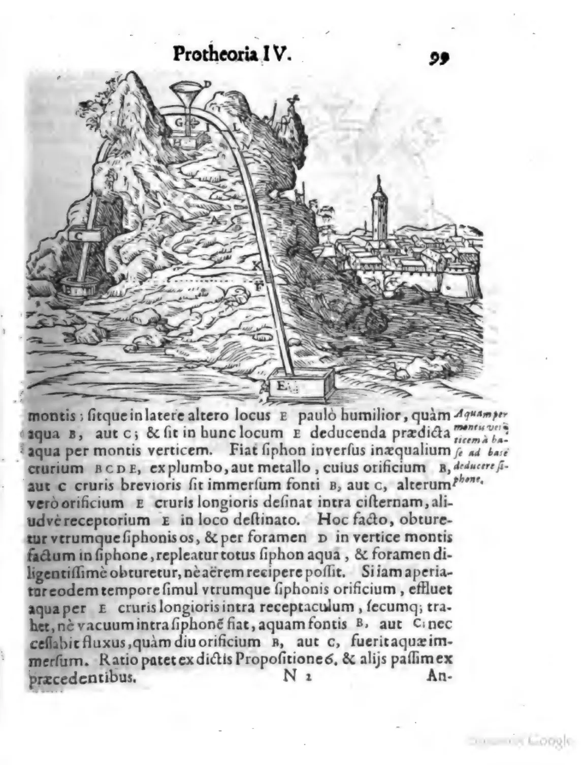 In this page from Protheoria IV, a labelled inverted siphon climbs from a spring or cistern over a mountain summit to a lower receiver. The rule of the perpendicular governs the flow—height, not quantity of water—while priming and sealed orifices keep out the air that would break its plenist continuity.