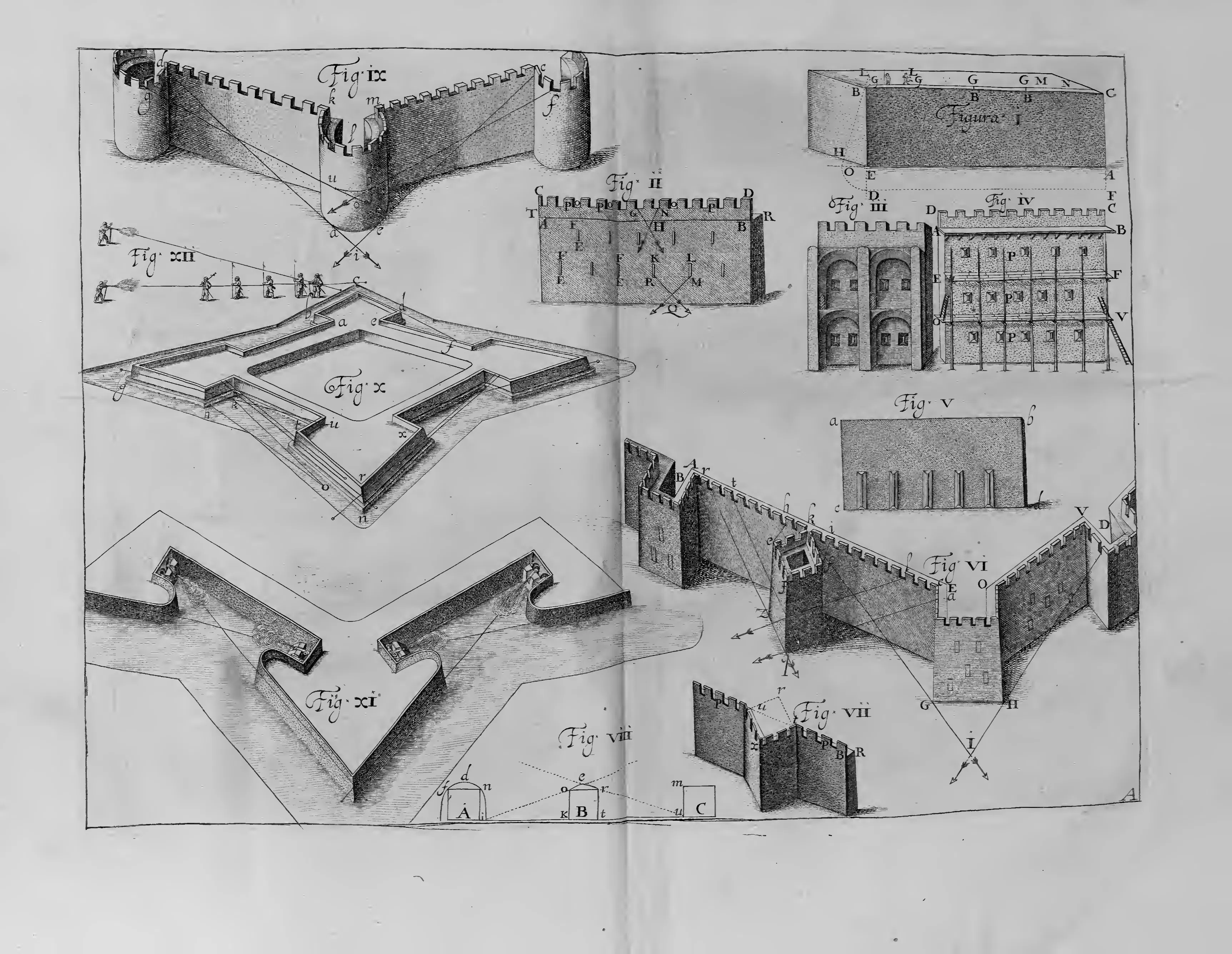 This folding plate sets older crenellated walls and towers beside a bastioned trace, cutaway bastion angles, lines of fire and a musketeer range demonstration, turning the history of fortification into geometry: antiquity as an immature stage of a form that modern bastion design, measured by musket shot, perfected.