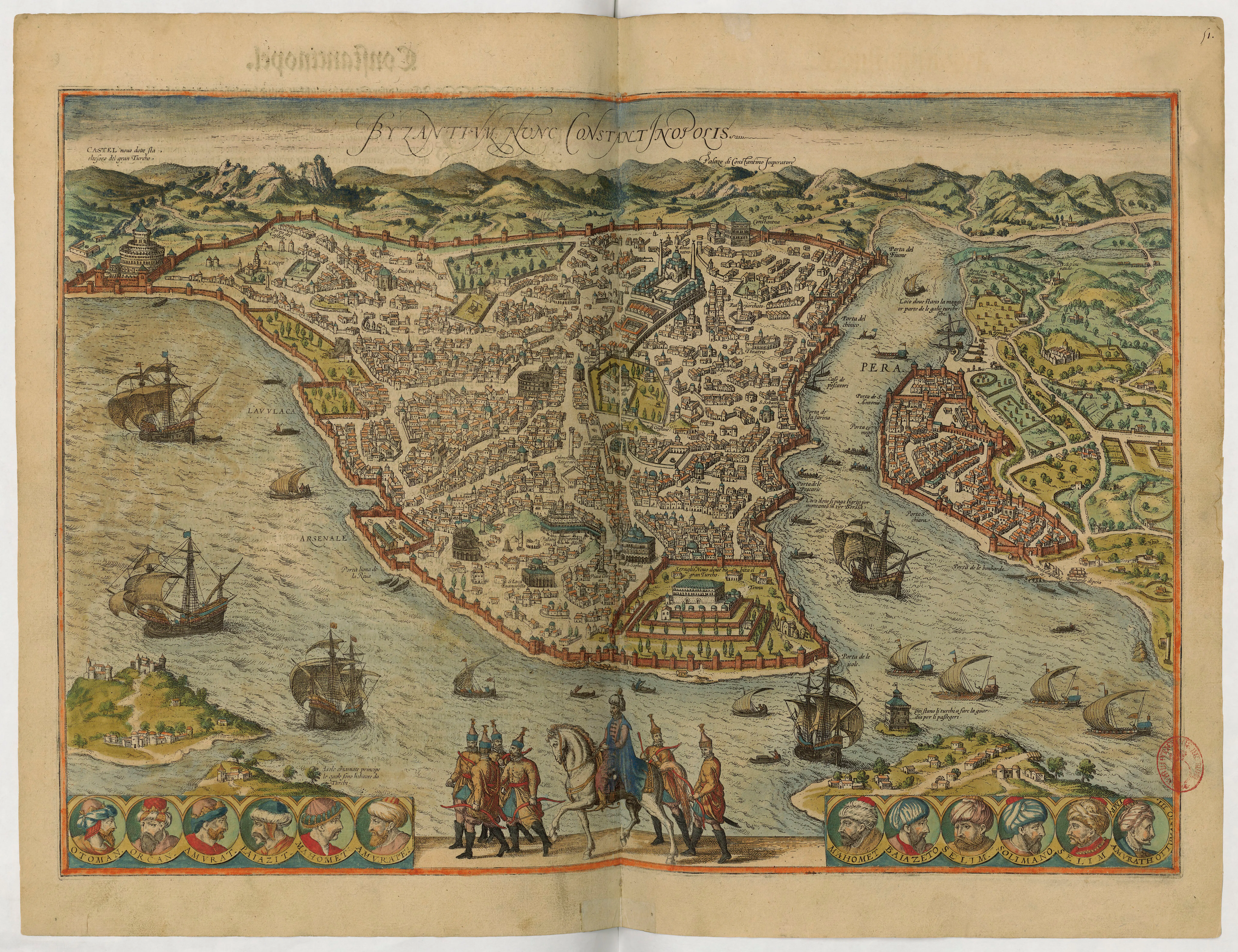This hand-coloured Braun-and-Hogenberg view of Constantinople renders the Ottoman setting of Wedel's report as a legible urban and imperial landscape. It serves as atmospheric context rather than evidence for any particular battle or dose, helping to situate the idea of opium as a martial exhilarant within the wider "Eastern" world that early modern European scholars imagined and described.