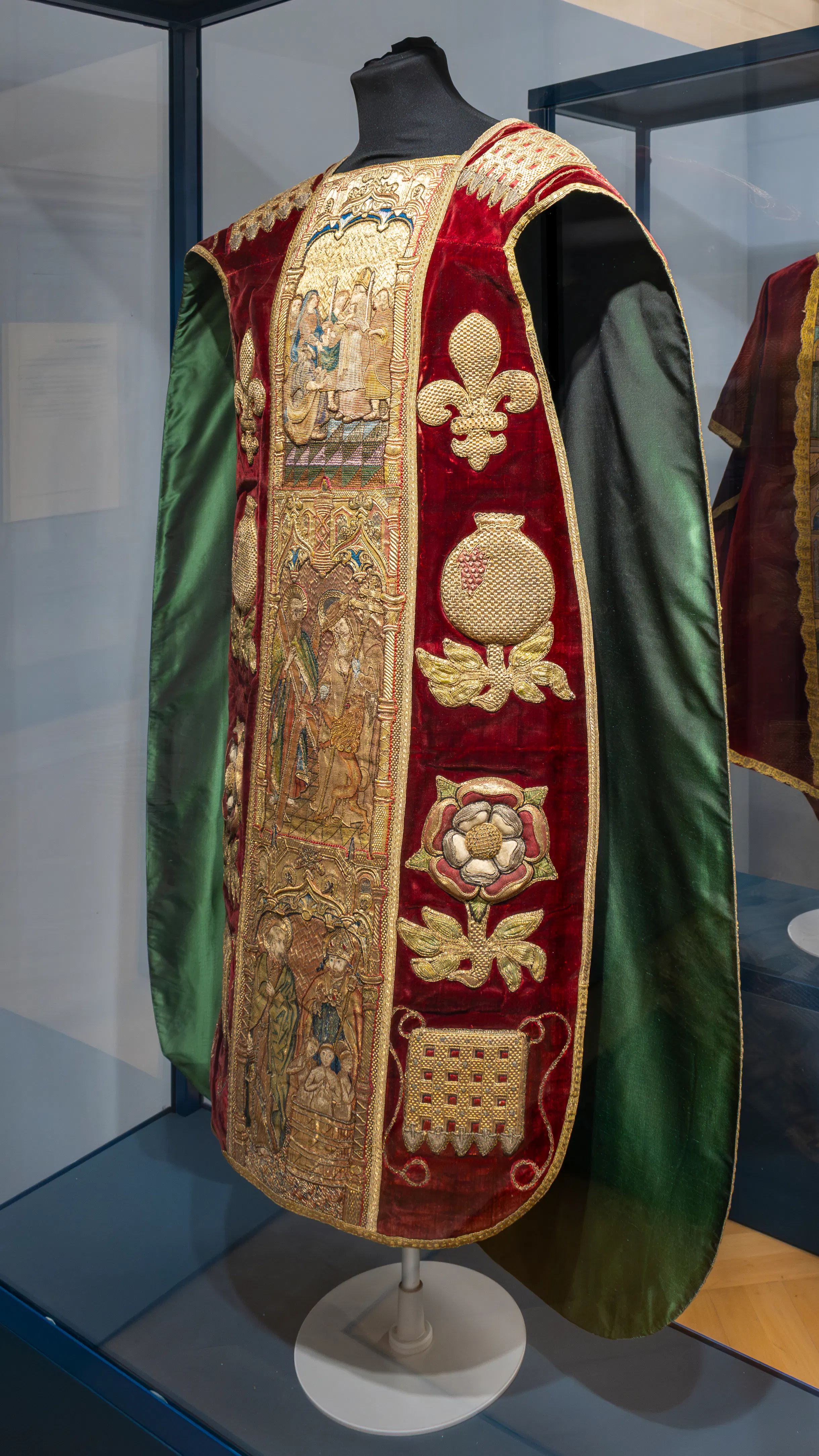 A richly embroidered chasuble, a Christian outer vestment of the kind Ferrari linked to ancient civic dress.